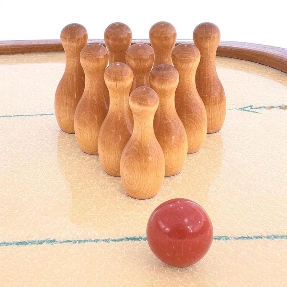 Wooden Shuffleboard Bowling Pin Set with Red Ball – 10-Piece Mini Bowling Pins, Solid Wood Tabletop Game Accessory, 3.8" Tall Pins for Adults and Teens