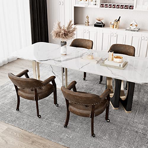Set of 4 Dining Leather Chairs with Casters & Arms, Accent Captain Chair with Wheels, Roller Wood Wheeled Chairs for Kitchen & Game Poker Table,Espresso&Brown 1910BN(NO Table!) - color: Espresso&brown