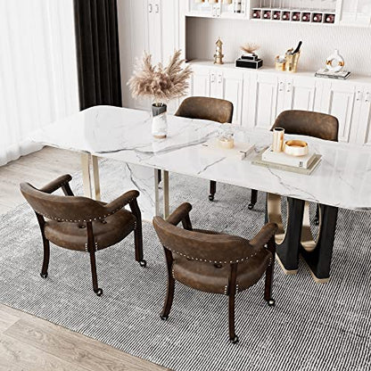 Set of 4 Dining Leather Chairs with Casters & Arms, Accent Captain Chair with Wheels, Roller Wood Wheeled Chairs for Kitchen & Game Poker Table,Espresso&Brown 1910BN(NO Table!) - color: Espresso&brown