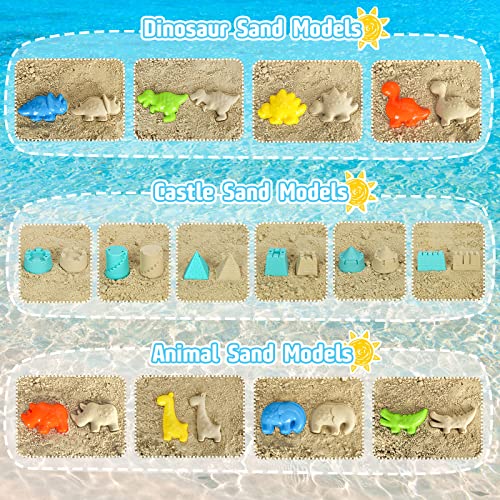 Beach Sand Toys, Sandbox Toys with Dinosaur Dump Truck, Collapsible Bucket, Creative Molds, Mesh Bag, Sand Castle Play Set for Kids Ages 3-12, Outdoor Summer Beach Essentials for Building & Playing