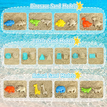 Beach Sand Toys, Sandbox Toys with Dinosaur Dump Truck, Collapsible Bucket, Creative Molds, Mesh Bag, Sand Castle Play Set for Kids Ages 3-12, Outdoor Summer Beach Essentials for Building & Playing