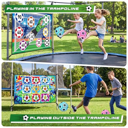 Trampoline Sticky Soccer Ball Game Accessories with 2 Inflatable Balls, Double Side Soccer Goal Target Attachment Fits 8 10 12 14 15 16 FT Trampoline, Indoor Outdoor Lawn Backyard Game