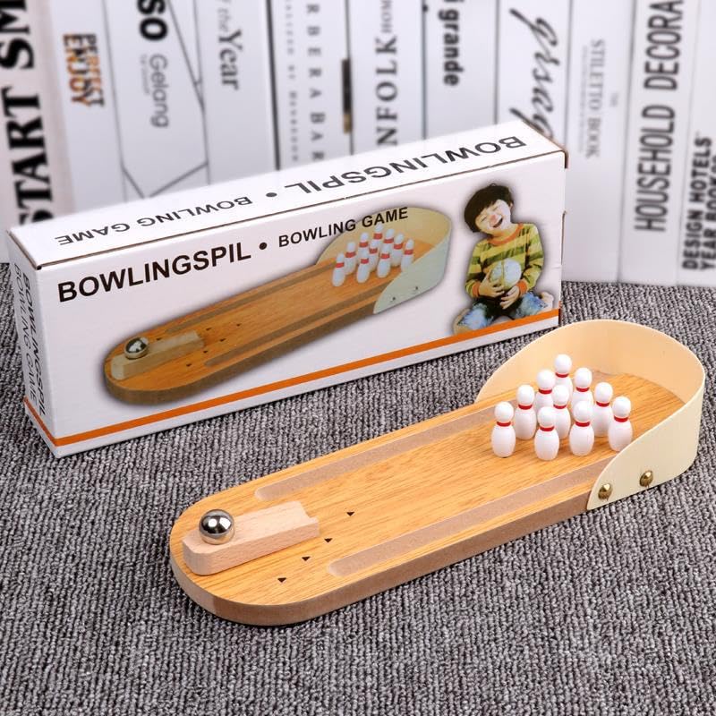 Wooden Mini Desktop Bowling Game Set with Pins and Ball | Stress-Relieving Play, Tabletop Size, Includes 10 Pins, Steel Ball Included, Kids & Adults