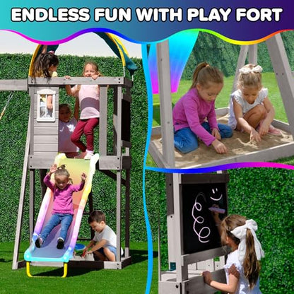 Sportspower Amelia Galaxy Cedar Wooden Swing Set for Night Play with 2 LED Swings, Play Fort with Sandbox, Heavy Duty Double A-Frame, on 6ft LED Slide, Bonus Anchor Kit
