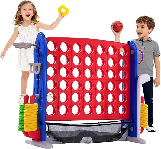 Jumbo 4-in-a-Row Giant Connect Game - Adjustable Height (2.5-3.5 ft) Stand, Quick-Release Slider, 42 Rings, Indoor Outdoor Party/Family Game for Kids & Adults-red