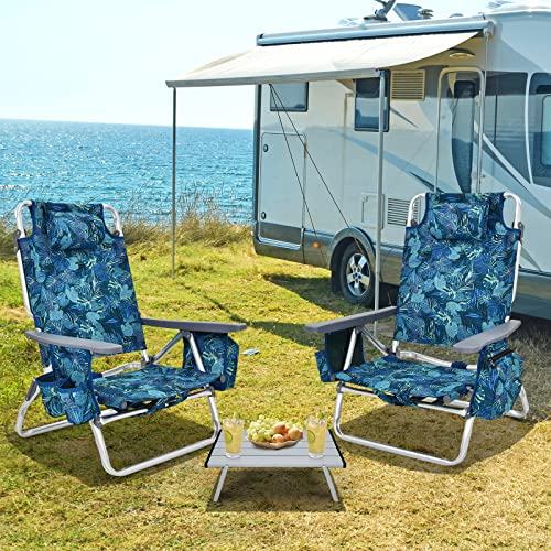 Tangkula Backpack Beach Chair with Table, 5-Position Lay Flat Lightweight Low Folding Beach Chairs with Cooler Bag, 2 Cup Holders, Towel Bar, Backpack Straps - color: Navy, style: 2 Pack with Table