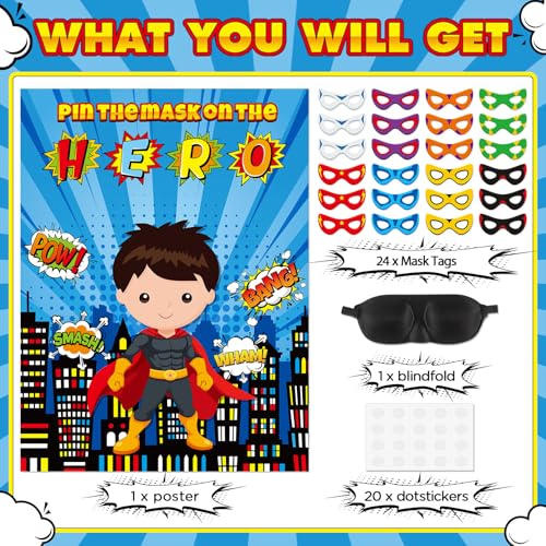 Faccito Hero Party Games Super Theme Hero Games Pin Mask on The Cityscape Poster with 24 Pcs Stickers and Blindfold Pin The Tail Set for Birthday Party Decorations Carnival Favors Supplies - style: Hero