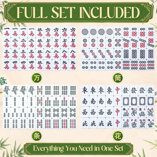 Professional Traditional Chinese Mahjong Set, 30 mm 146 Sturdy Plastic Tiles with Dice, Wind Indicator & Green Felt Case for Authentic Hong Kong Mahjong Gameplay