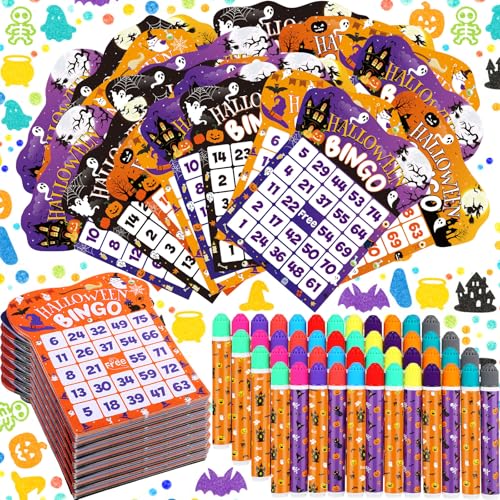 Eersida 192 Pack Halloween Bingo Game Cards and 0.4 oz Dot Daubers Set Includes 144 Bingo Cards and 48 Dot Markers Game Supplies Set Party Favor Supplies Family Casino Play Night - style: Halloween