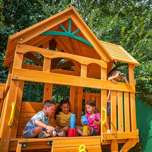 KidKraft Buffalo Crossing Wooden Outdoor Swing Set with Tube Slide | Two-Story Playhouse, Rock Wall, Glider, Faux Stone Facade, Planter Boxes