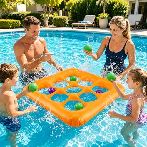 Inflatable Tic Tac Toe Pool Game for Adults & Kids – Giant Floating Board with 10 Extra Thick Balls for Outdoor Beach, Lawn, Backyard & Pool Party – Family Summer Toys Games Set for 2-10 Players