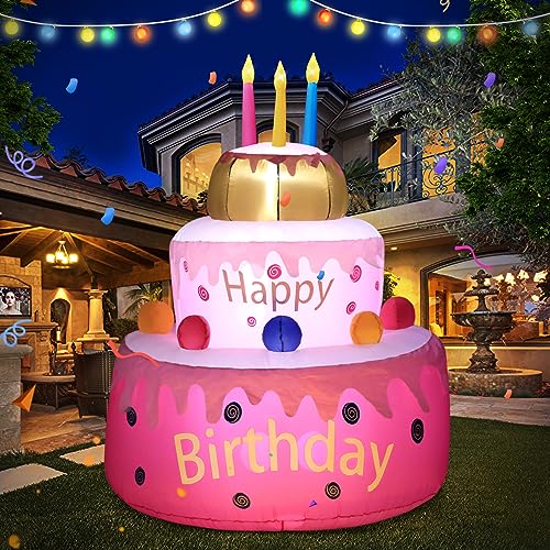 DomKom [New] 5.5FT Large Inflatables Birthday Cake Outdoor Decorations with Candles,Build-in LED Lights, for Happy Birthday Party Outdoor,Indoor,Garden Yard Lawn Decor - color: White