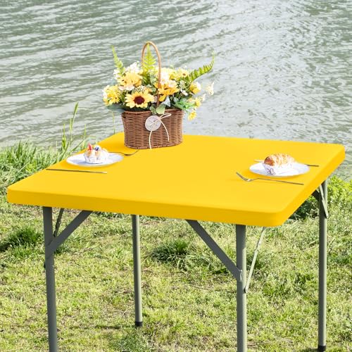 Square Fitted Table Cover Elastic Tablecloth Stretch Spandex Table Topper Cap Cover for Dining Kitchen Home Party Yellow 34X34 Inch - color: Yellow, size: 34" x 34" (Square)
