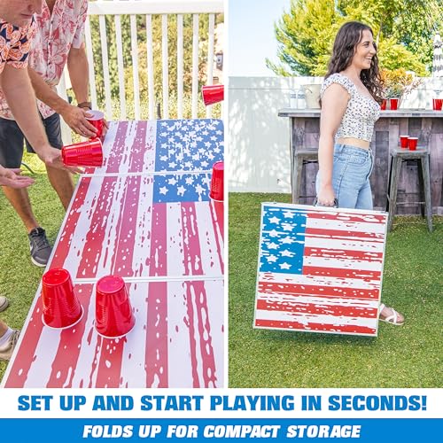 GoPong 8 Foot Portable Beer Pong/Tailgate Tables (Black, Football, American Flag, or Custom Dry Erase) - color: American Flag