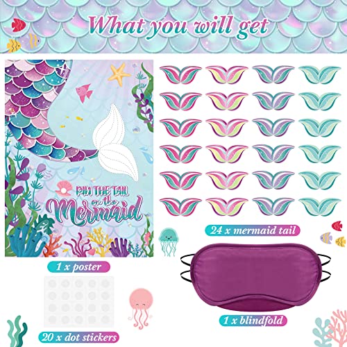 Faccito Stick Tail on The Mermaid Party Game Mermaid Games Set Include 21 x 28 Inch Large Poster 24 Pcs Reusable Tail Stickers Blindfold Ocean Sea Theme Party Supplies Birthday Favors - style: Mermaid