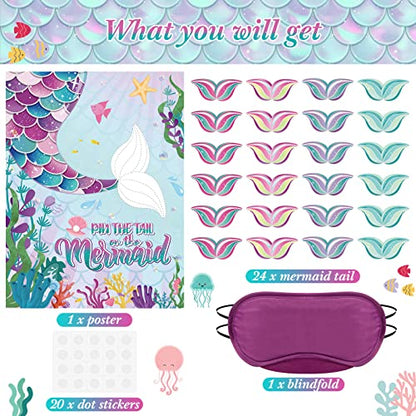 Faccito Stick Tail on The Mermaid Party Game Mermaid Games Set Include 21 x 28 Inch Large Poster 24 Pcs Reusable Tail Stickers Blindfold Ocean Sea Theme Party Supplies Birthday Favors - style: Mermaid