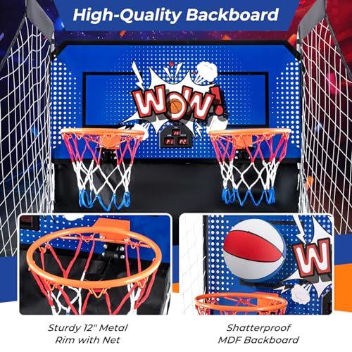 GYMAX Arcade Basketball Game Indoor Foldable with 8 Game Modes, Arcade Sound, 4 Balls and Inflation Pump, Electronic Basketball Games for Home - color: Blue