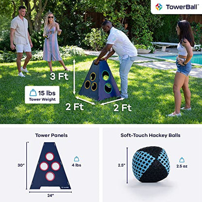 Caliber Games TowerBall Bundle - Backyard, Lawn, Beach & Tailgate Game - Great for All Ages & Group Sizes - Includes Collapsible Tower, 8 Balls (4 Green and 4 Blue), and a Premium Backpack