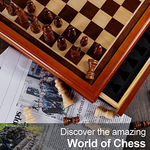 Juegoal 12-Inch Wooden Chess & Checkers Set with Storage Drawer, Portable Board Games for Kids and Adults
