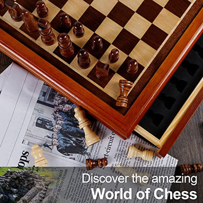 Juegoal 12-Inch Wooden Chess & Checkers Set with Storage Drawer, Portable Board Games for Kids and Adults