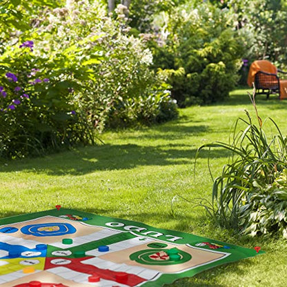 Relaxdays Ludo Mat, XXL, Large Play Mat Including 16 Pawns, 2 Dice, 4 Pegs, Garden, 160 x 180 cm, Coloured