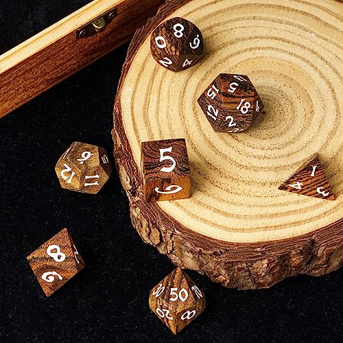 Wood DND Dice, 7pcs RPG Polyhedral Dice Set with Iron Box, for D&D Role Playing Games (Brown with Black Striped) - color: Brown Black Striped