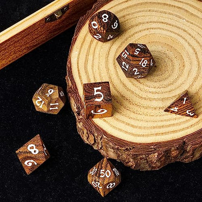 Wood DND Dice, 7pcs RPG Polyhedral Dice Set with Iron Box, for D&D Role Playing Games (Brown with Black Striped) - color: Brown Black Striped