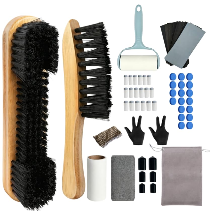 10 Piece Pool Table Cleaning Kit Professional Billiard Felt Cleaner Rail Brush Set with Wooden Brushes Cue Cloths Ferrule Polish Cloths and Sticky Lint Roller for Table Care