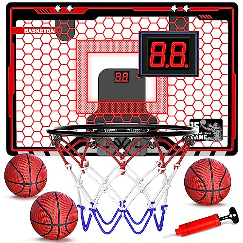 HopeRock Indoor Basketball Hoop for Kids, Over The Door Mini Basketball Hoops, with LED Light, Scoreboard, Birthday Toys Gifts for 5 6 7 8 9 10 11 12+ Year Old Boys - style: LED Basketball Hoop & Scoreboard