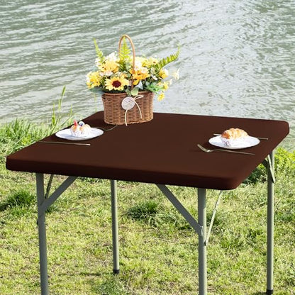 Square Fitted Table Cover Elastic Tablecloth Stretch Spandex Table Top Cover Table Topper Cap for Dining Kitchen Home Party Brown 36X36 Inch - color: Brown, size: 36" x 36" (Square)