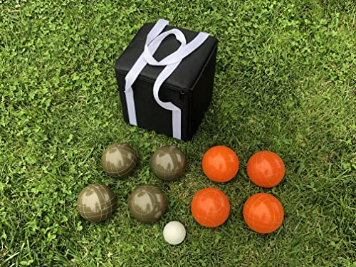BuyBocceBalls Listing - Unique Bocce Set - 107mm with Olive Brown and Orange Balls, Black Bag