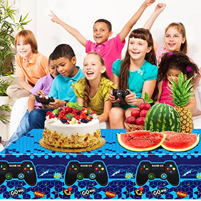 PHOGARY 3 Pack Video Game Tablecloth Blue Video Game Table Cover Geek Theme Birthday Party Decorations Supplies for Kids Player, 108 x 54 Inches