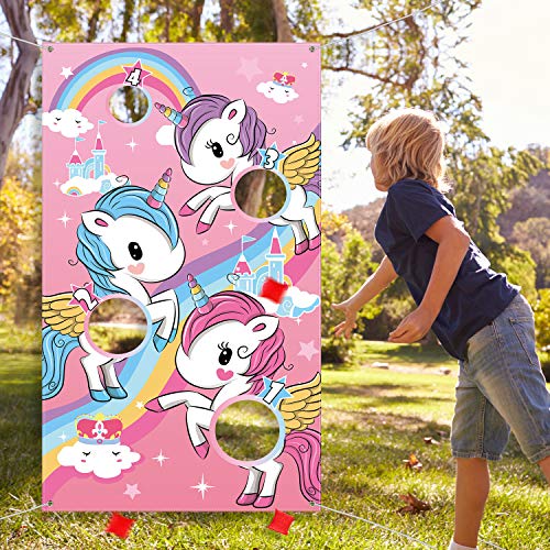 Blulu Unicorn Bean Bag Toss Game for Kids Outdoor Toys Unicorn Toss Game Banner with 3 Nylon Bean Bags Birthday Party Game Backyard Yard Activities for Toddler Birthday Gift for Girls