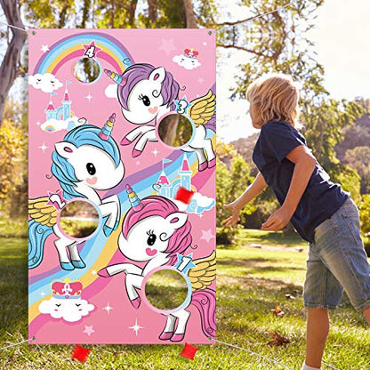 Blulu Unicorn Bean Bag Toss Game for Kids Outdoor Toys Unicorn Toss Game Banner with 3 Nylon Bean Bags Birthday Party Game Backyard Yard Activities for Toddler Birthday Gift for Girls