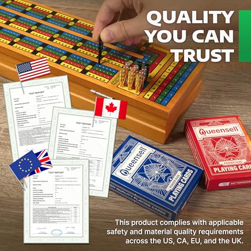 Cribbage Board Game Set with Storage – Wooden 4 Track Cribbage Board for 2–4 Players with Metal Pegs & Playing Cards – Classic Travel & Home Board Game