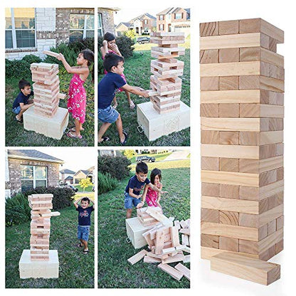 Giant Tumbling Tower Games Wooden Blocks Stacking Game + Tin Can Alley Bean Bag Toss Game for Adult, Kids, Family Fun Outdoor Backyard Games
