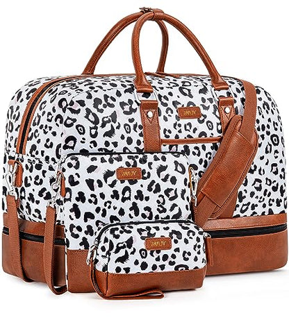Weekender Bag for Women, Large Overnight Bag Canvas Travel Duffel Bag Carry On Tote with Shoe Compartment 21" 3Pcs Set - color: A17-brown+gray leopard