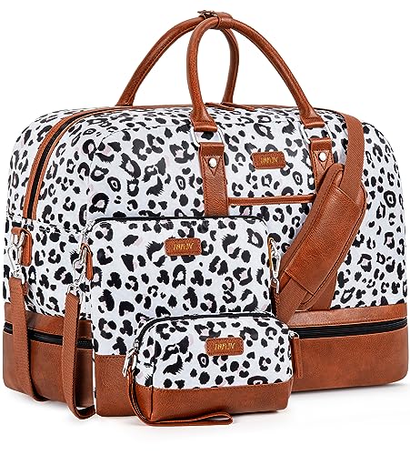 Weekender Bag for Women, Large Overnight Bag Canvas Travel Duffel Bag Carry On Tote with Shoe Compartment 21" 3Pcs Set - color: A17-brown+gray leopard