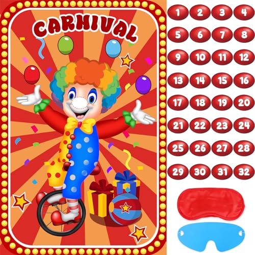 Hooqict Circus Games Pin The Nose on The Clown Carnival Party Games for Kids Clown Party Supplies Circus Themed Birthday Party Decorations, Large Clown Games Poster with 32 Nose Stickers - style: Carnival