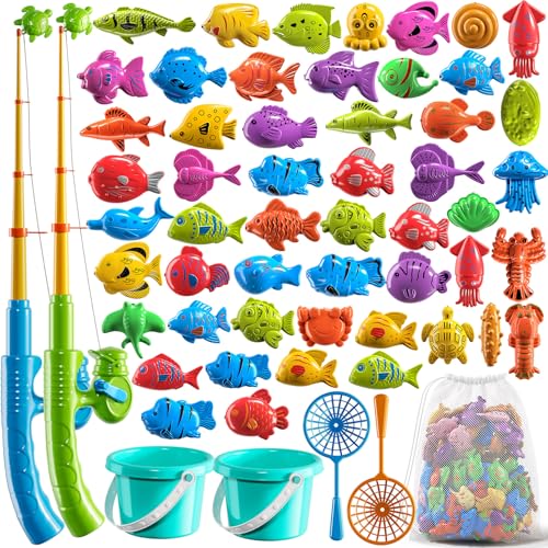 NIPLOOOW Magnetic Fishing Game Pool Toys for Kids 3-5, Water Table Bathtub Kiddie Party Toy with Pole Rod Net Plastic Floating Fish, Outdoor Toys for Kids Age 3 4 5 6 7 8 Year Old - style: 58PCS