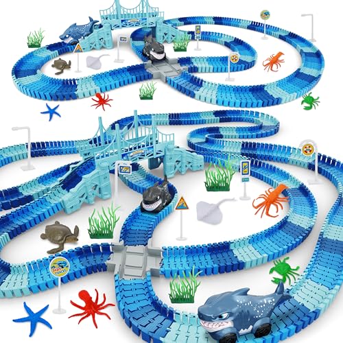 Track Race Car Toys for Kids, Create A Ocean World Race Road, Flexible Tracks Playset & 2PCS Cool Shark Cars, Toddler Toys Birthday Gifts for Age 3 4 5 6 Year Old Boys Girls - color: Blue-shark
