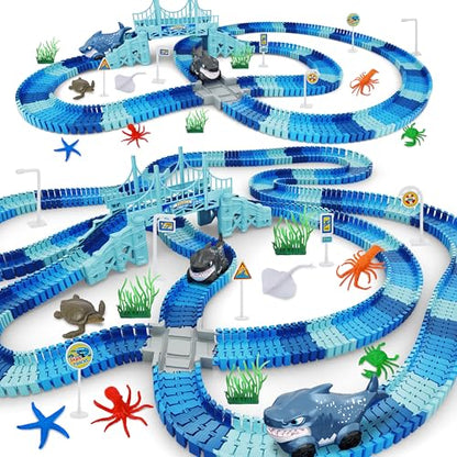 Track Race Car Toys for Kids, Create A Ocean World Race Road, Flexible Tracks Playset & 2PCS Cool Shark Cars, Toddler Toys Birthday Gifts for Age 3 4 5 6 Year Old Boys Girls - color: Blue-shark