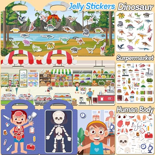 iGetooy 6 Sets Reusable Sticker Book for Toddlers 1-3, Jelly Sticker Books for Toddlers 2-4 Years, Toddler Travel Toys for Kids 2 3 4 Year Old Girls Boys