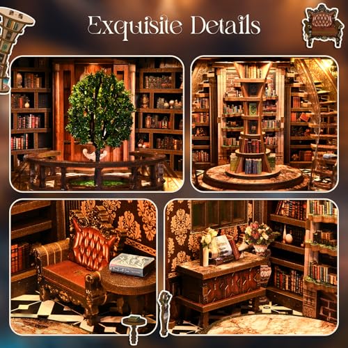 Book Nook Kit, 3D Wooden Puzzles for Adults, DIY Miniature House Kit for Adults, Booknook with LED Light, Gifts for Family, Friends and Book Lovers, Bookshelf Decor(Wisdom Rings)