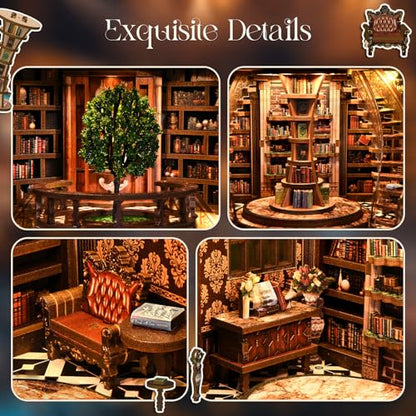 Book Nook Kit, 3D Wooden Puzzles for Adults, DIY Miniature House Kit for Adults, Booknook with LED Light, Gifts for Family, Friends and Book Lovers, Bookshelf Decor(Wisdom Rings)