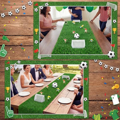Soccer Table Centerpiece Decorations Kit, 16x59 Inch Artificial Grass Table Runner 7 Player Figures 2 Goal Nets and 1 Ball for Game Day Sports Party Birthday Baby Shower Wedding Decor