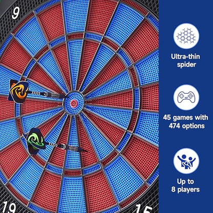 Electronic Dart Board with Cabinet Set, Electric Digital Dart Boards for Adults with Light Strips, Soft Tip Dartboard Cabinet Door with Large Cricket Display and Darts Storage for 12 Darts