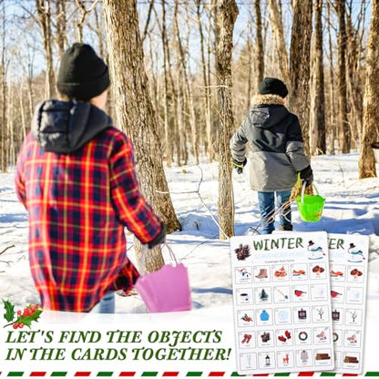Hoolerry 30 Pcs Scavenger Hunt for Kids Road Trip Game Car Spring Summer Wedding Scavenger Hunt Cards Travel Activities Camping Games Outdoor Indoor Seek Activity for Kids Adults (Winter) - style: Winter