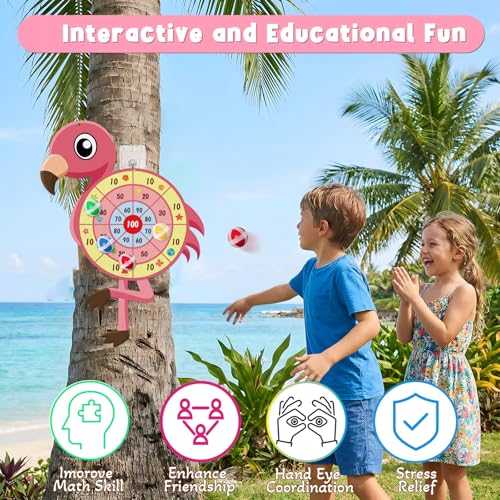 29" Large Flamingo Dart Board,Hawaii Dart Board Set Hello Summer Dart Shooting Fun Party Play Game Toys Tropical Party Supplies with 12 Stick Balls, Hook