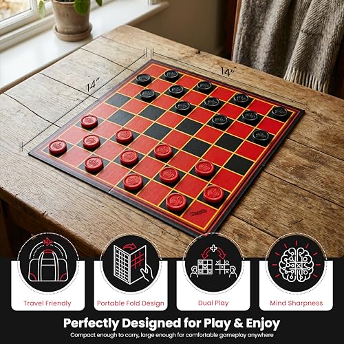 Kangaroo - Multiplayers Strategy Checker Board Game for Kids & Adults - Portable Educational Travel Cardboard Checkers - Includes Large Board w/ 24 Checkers (12 Red and 12- Black) 15x15 Inches